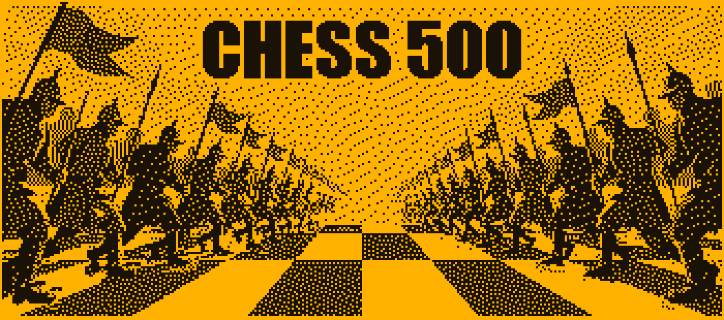Chess 500: two pixel-art armies with banners marching toward a checkerboard